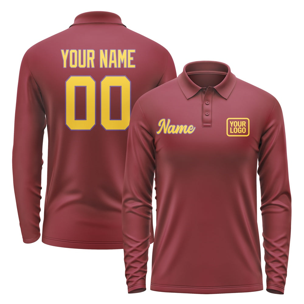 Custom Crimson Red Gold Long Sleeve Polo Shirt