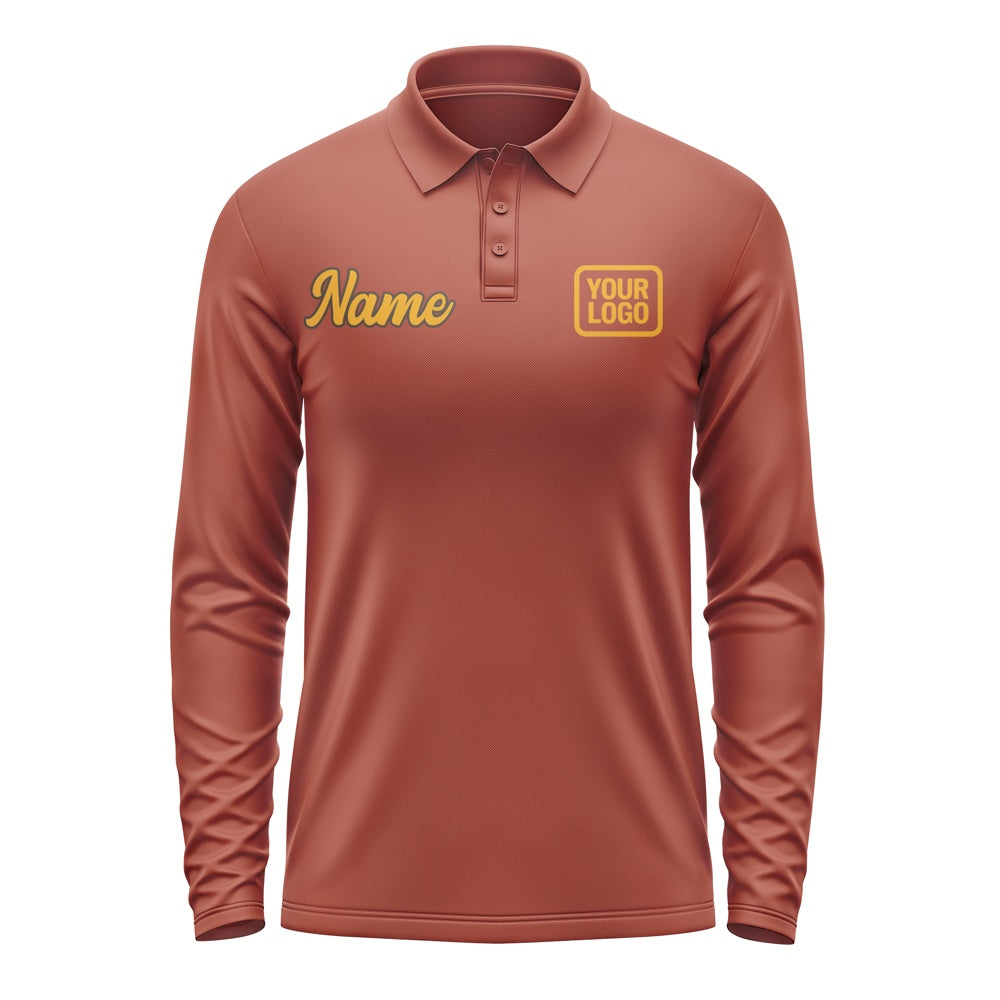 Custom Coral Red Yellow Long Sleeve Polo Shirt