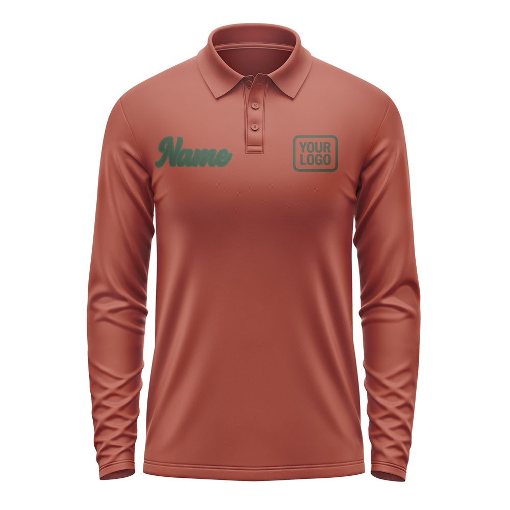 Custom Coral Red Dark Green Long Sleeve Polo Shirt
