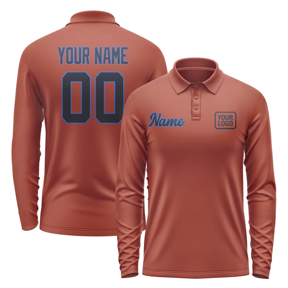 Custom Coral Red Navy Long Sleeve Polo Shirt