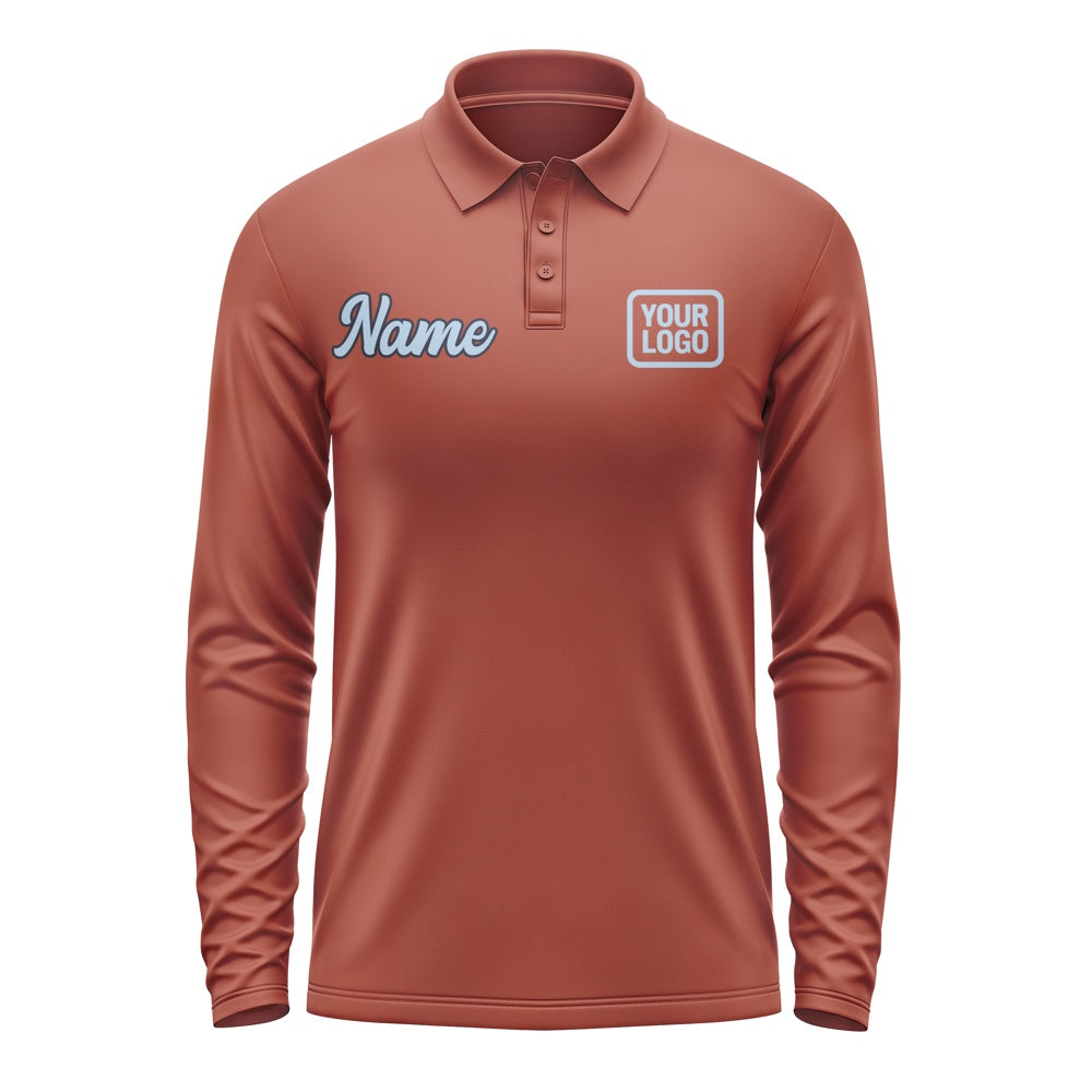 Custom Coral Red Light Blue Long Sleeve Polo Shirt