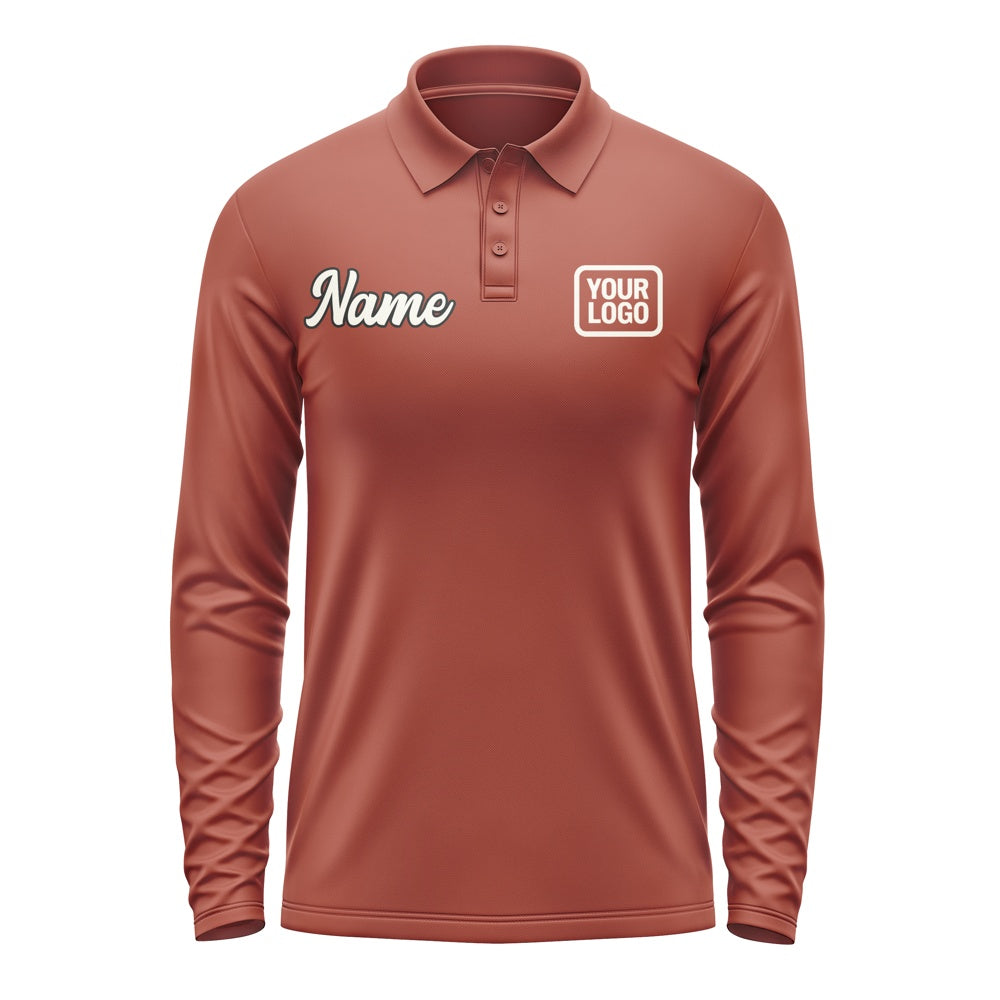 Custom Coral Red Cream Long Sleeve Polo Shirt
