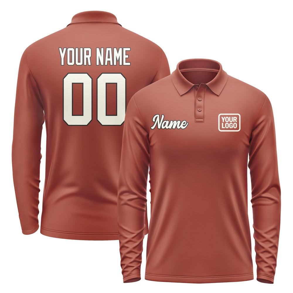 Custom Coral Red Cream Long Sleeve Polo Shirt