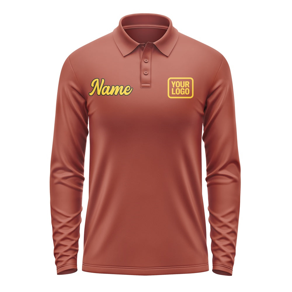 Custom Coral Red Gold Long Sleeve Polo Shirt