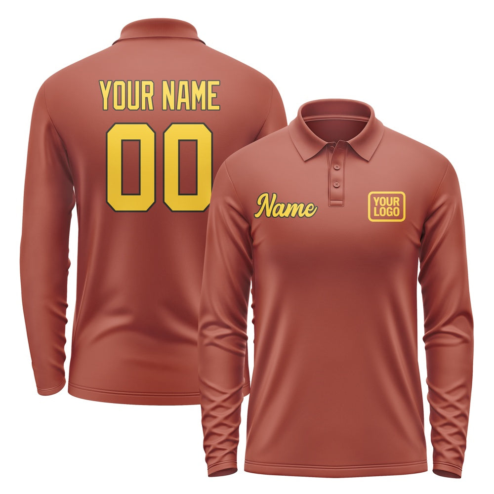 Custom Coral Red Gold Long Sleeve Polo Shirt