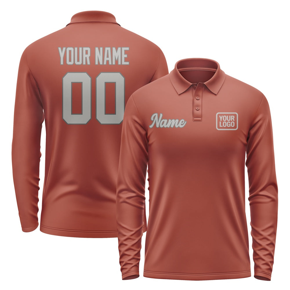 Custom Coral Red Gray Long Sleeve Polo Shirt