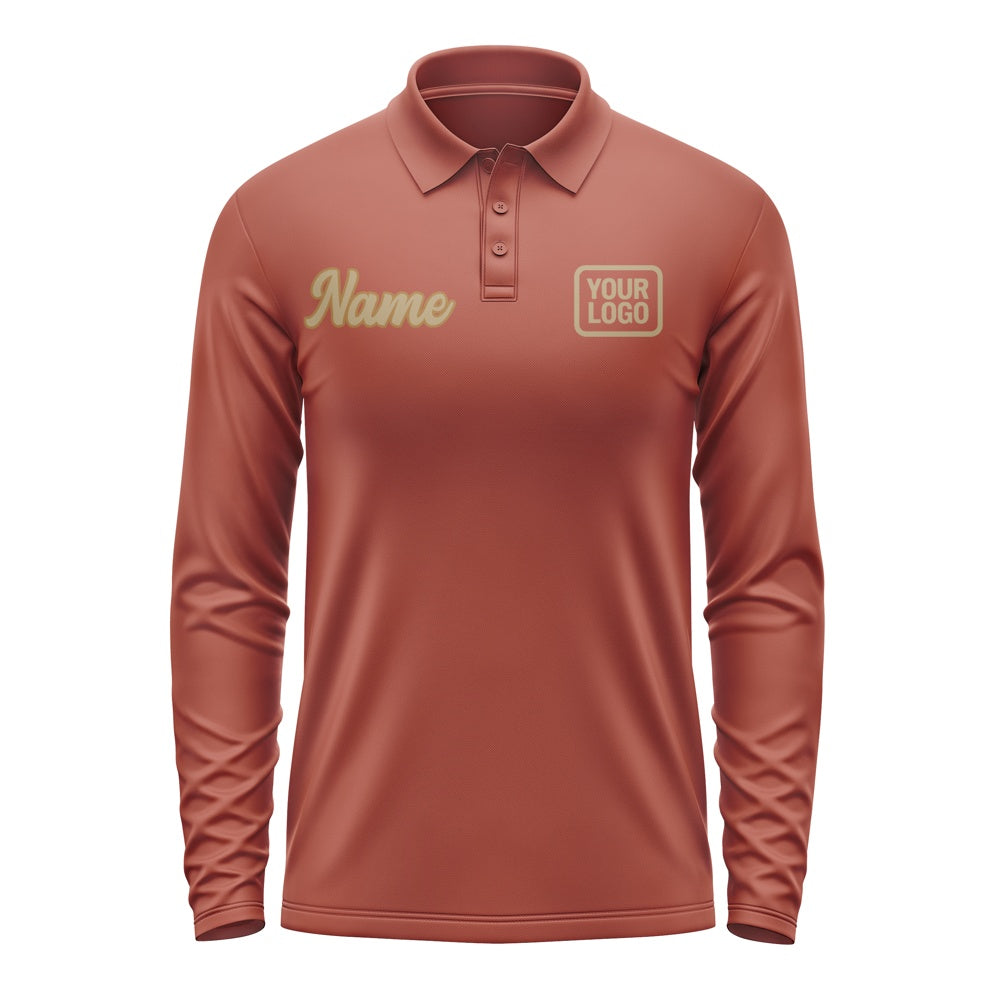 Custom Coral Red Light Khaki Long Sleeve Polo Shirt