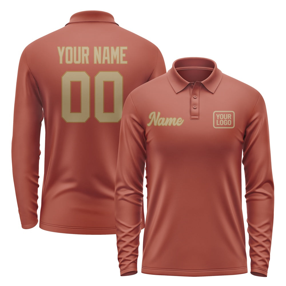 Custom Coral Red Light Khaki Long Sleeve Polo Shirt
