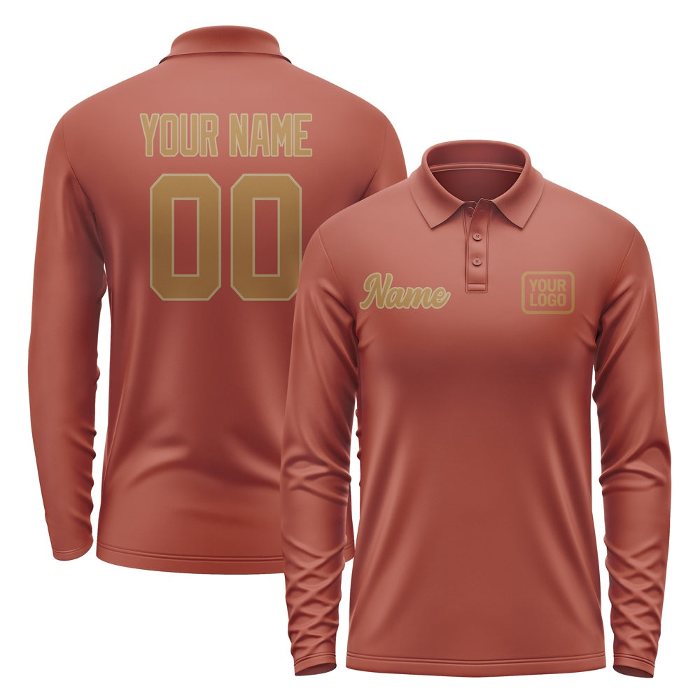 Custom Coral Red Khaki Long Sleeve Polo Shirt
