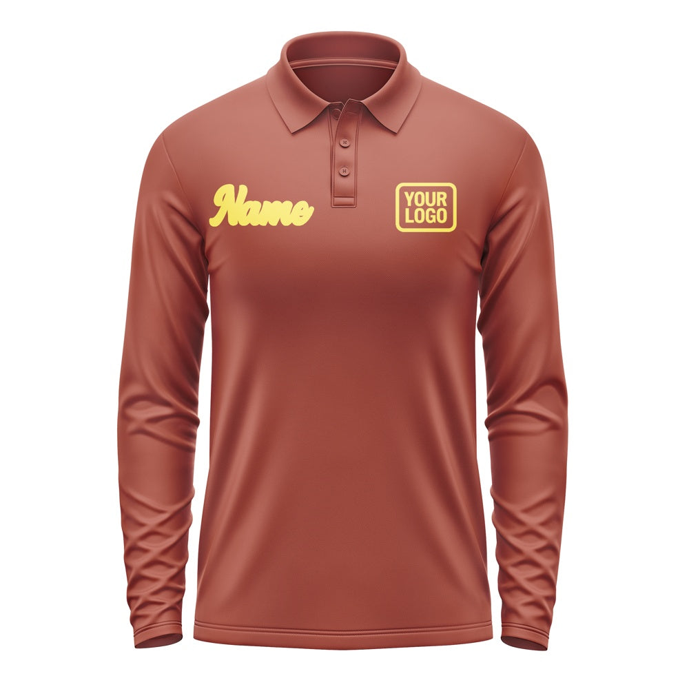 Custom Coral Red Light Yellow Long Sleeve Polo Shirt