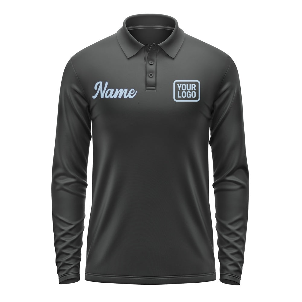 Custom Black Light Blue Long Sleeve Polo Shirt