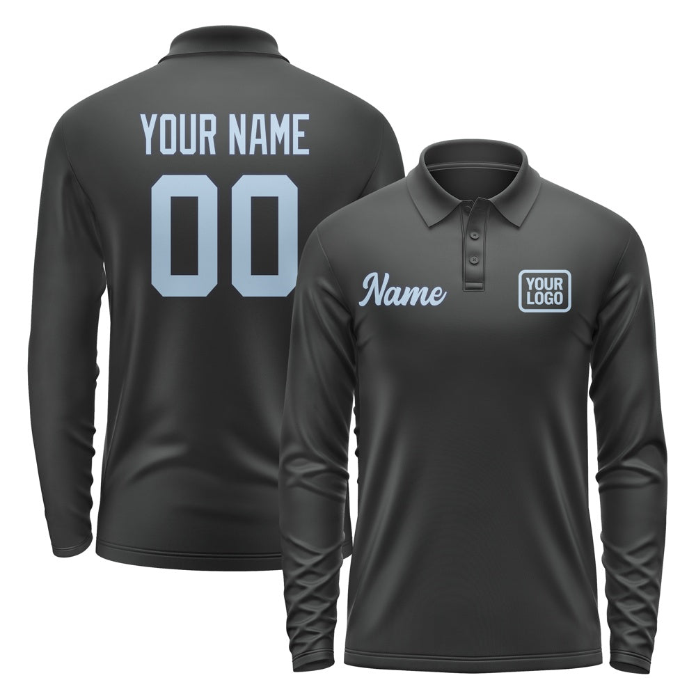 Custom Black Light Blue Long Sleeve Polo Shirt