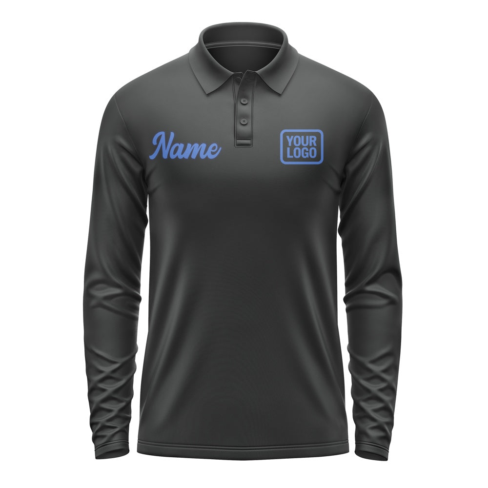 Custom Black Sky Blue Long Sleeve Polo Shirt