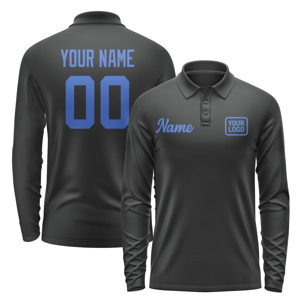 Custom Black Sky Blue Long Sleeve Polo Shirt