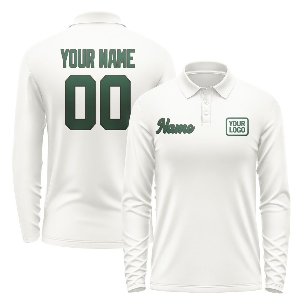Custom White Green Long Sleeve Polo Shirt