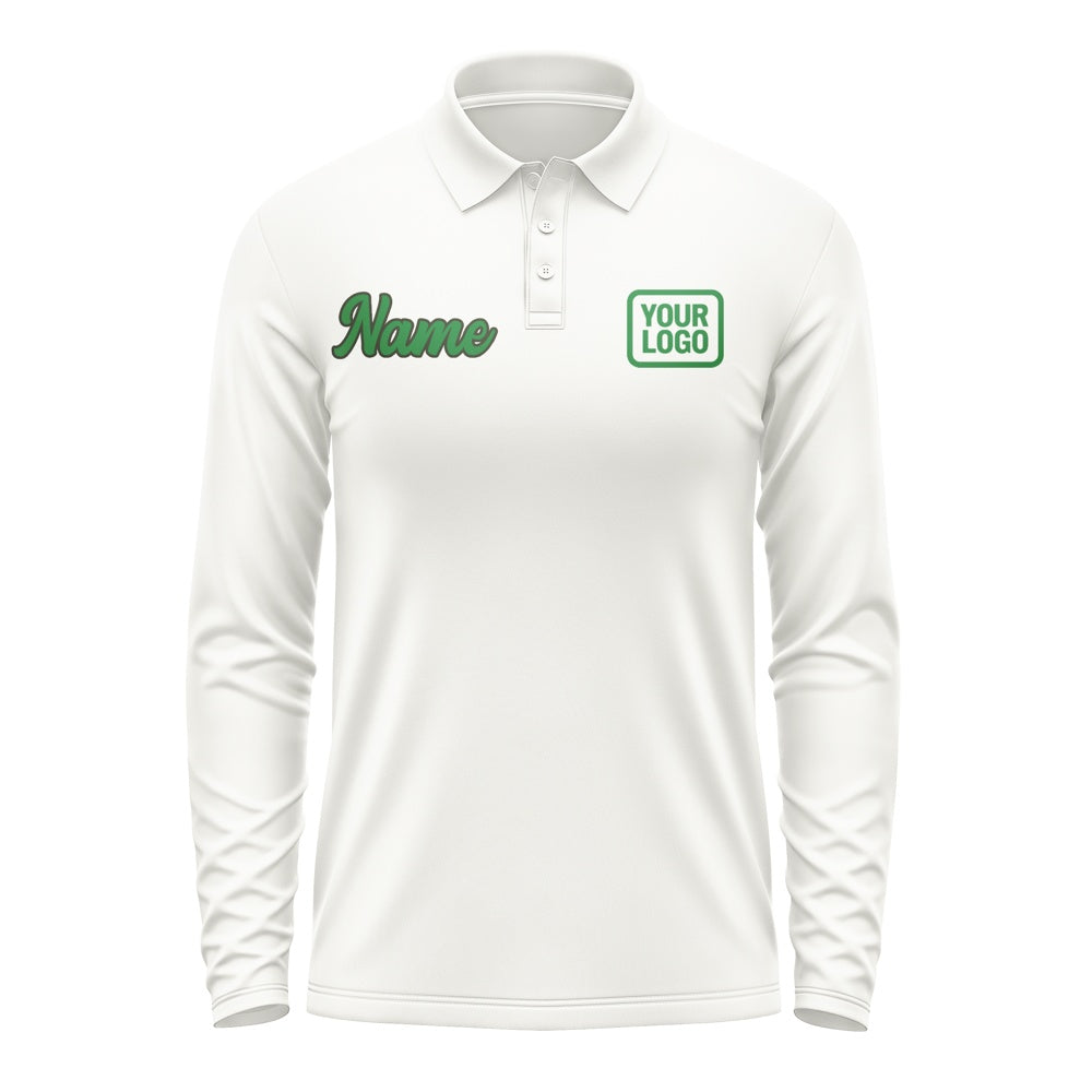 Custom White Emerald Green Long Sleeve Polo Shirt