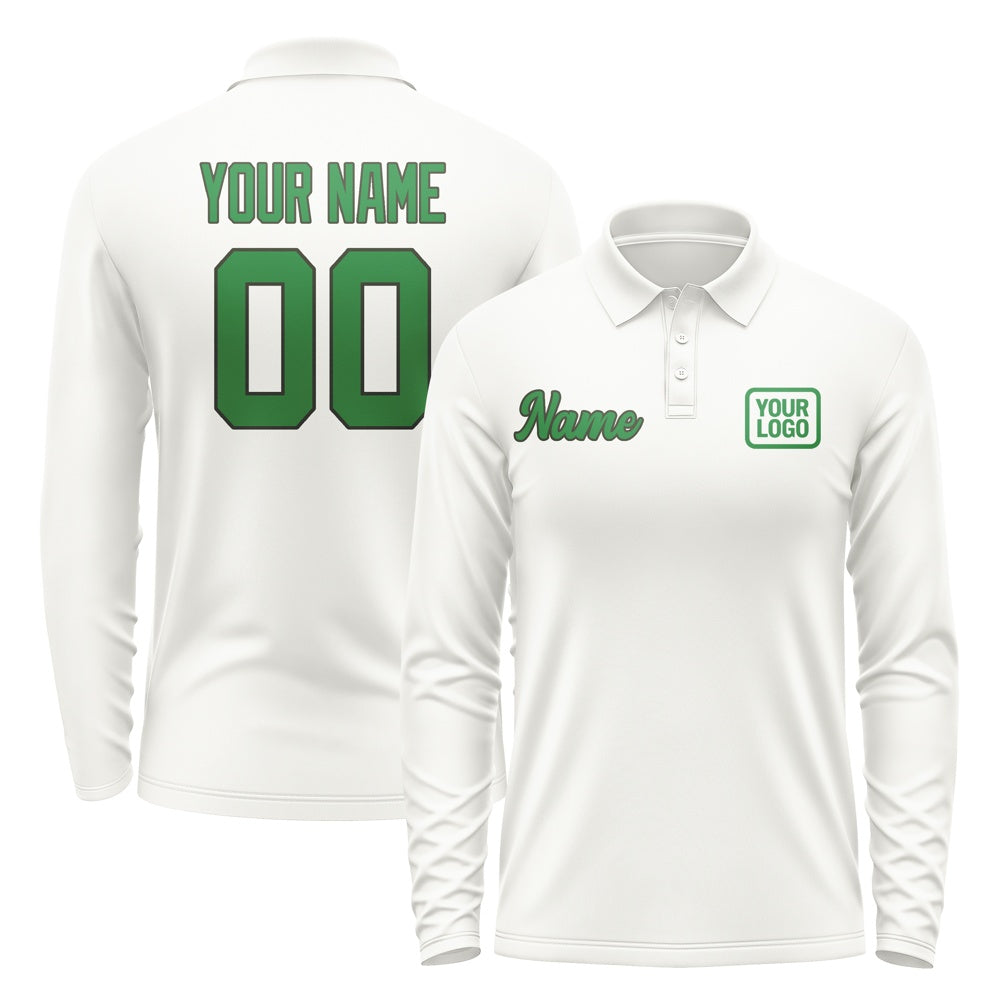 Custom White Emerald Green Long Sleeve Polo Shirt