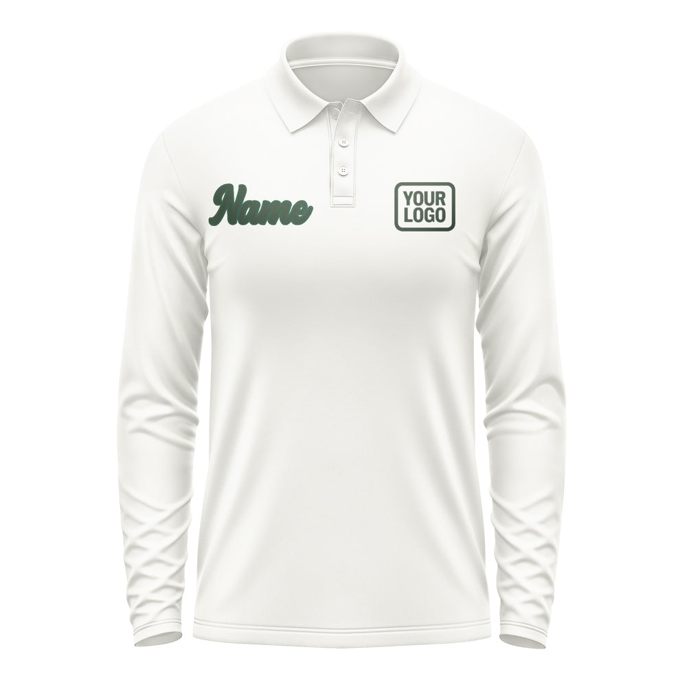 Custom White Dark Green Long Sleeve Polo Shirt