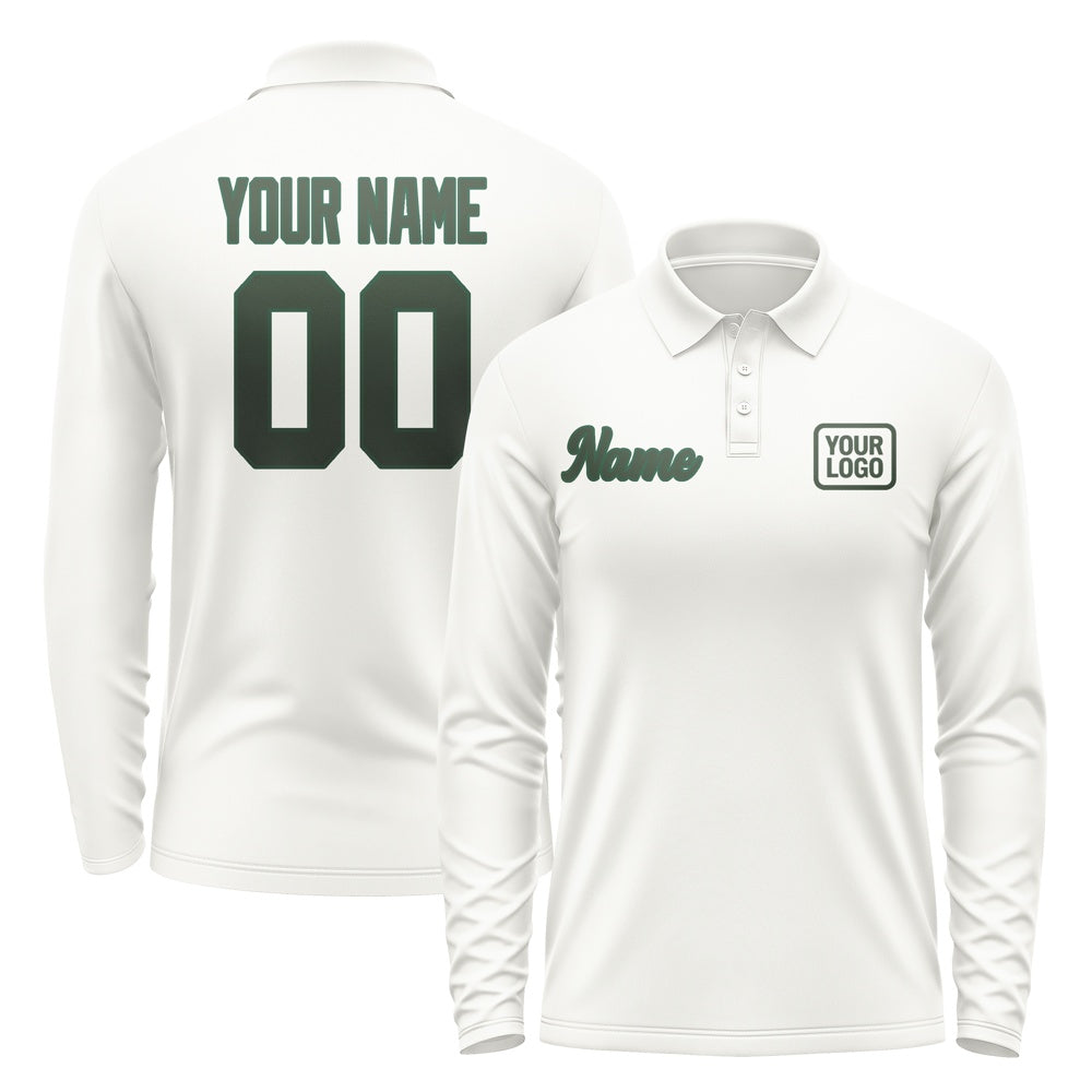 Custom White Dark Green Long Sleeve Polo Shirt