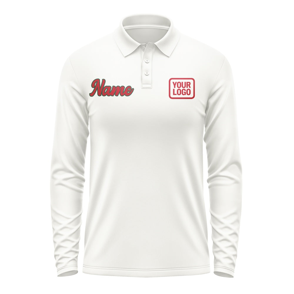 Custom White Red Long Sleeve Polo Shirt