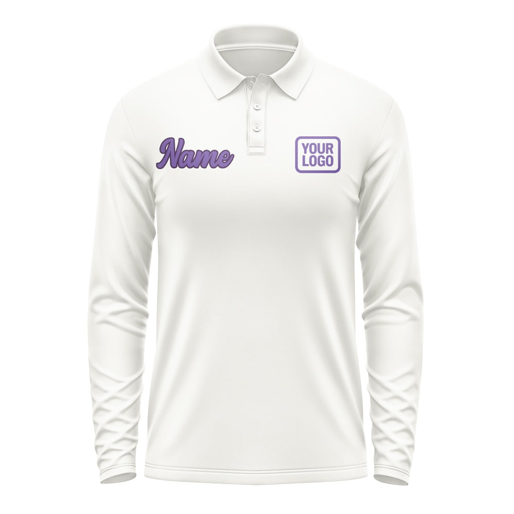 Custom White Light Purple Long Sleeve Polo Shirt