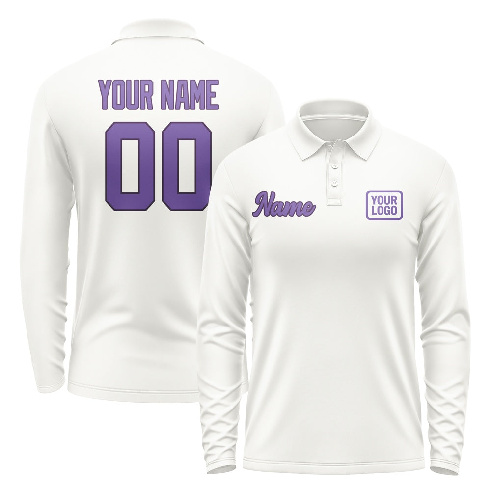 Custom White Light Purple Long Sleeve Polo Shirt