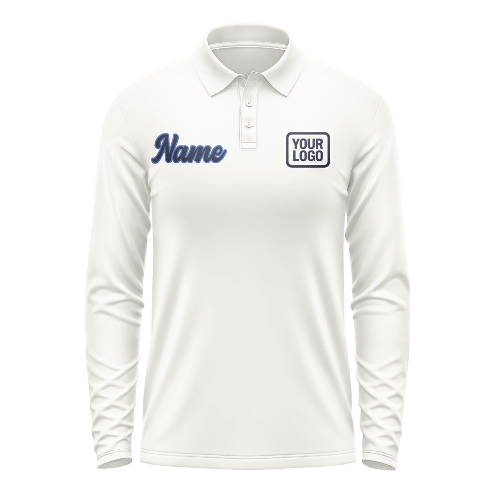 Custom White Navy Long Sleeve Polo Shirt