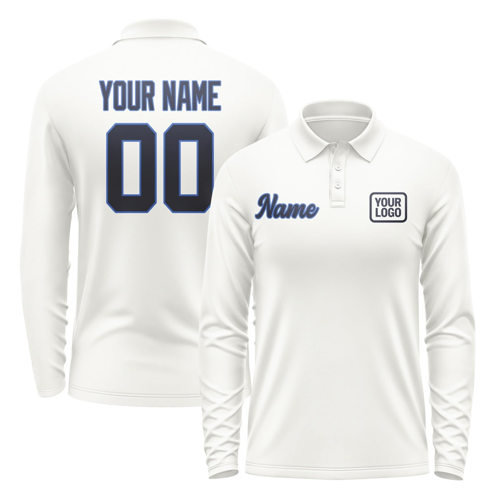 Custom White Navy Long Sleeve Polo Shirt