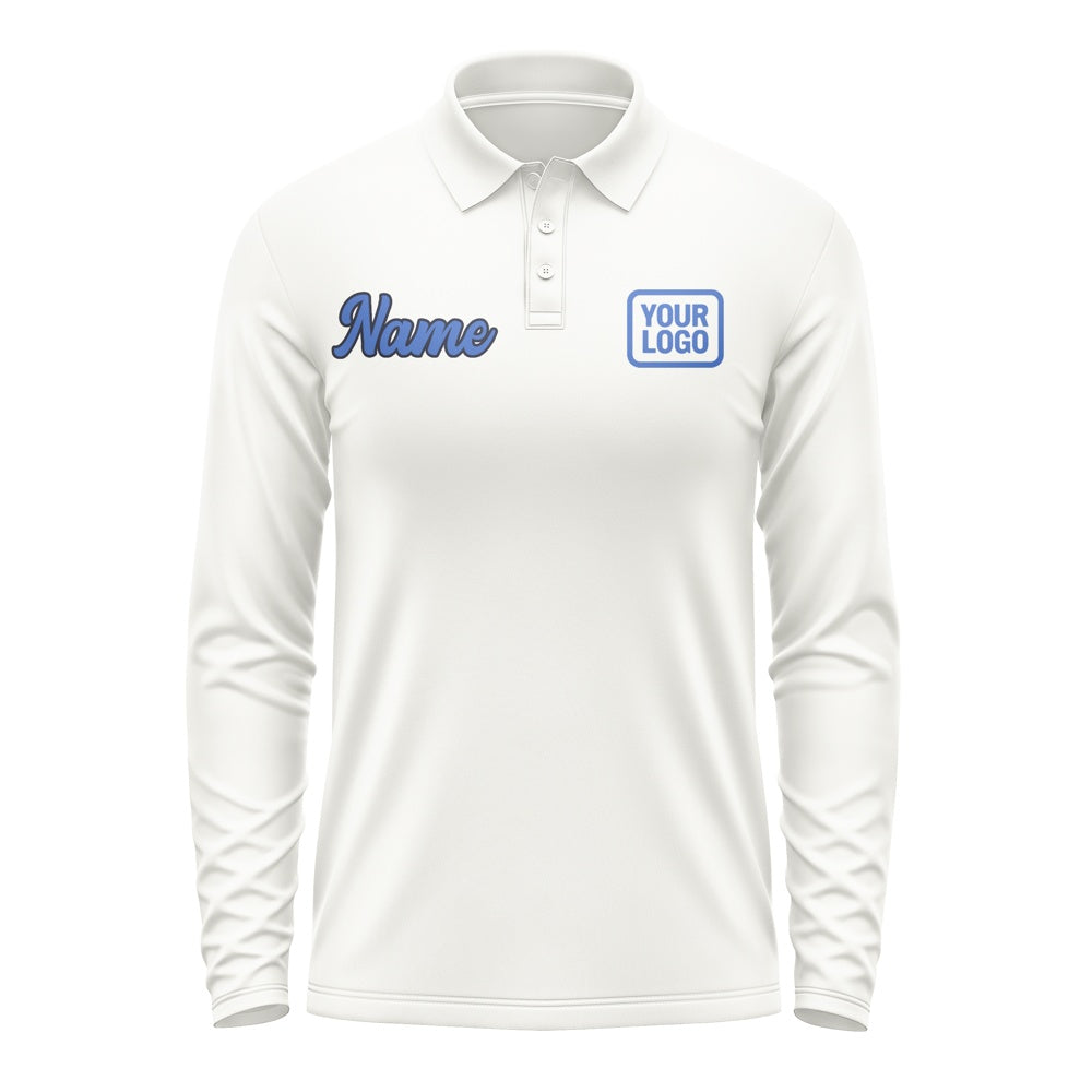 Custom White Sky Blue Long Sleeve Polo Shirt