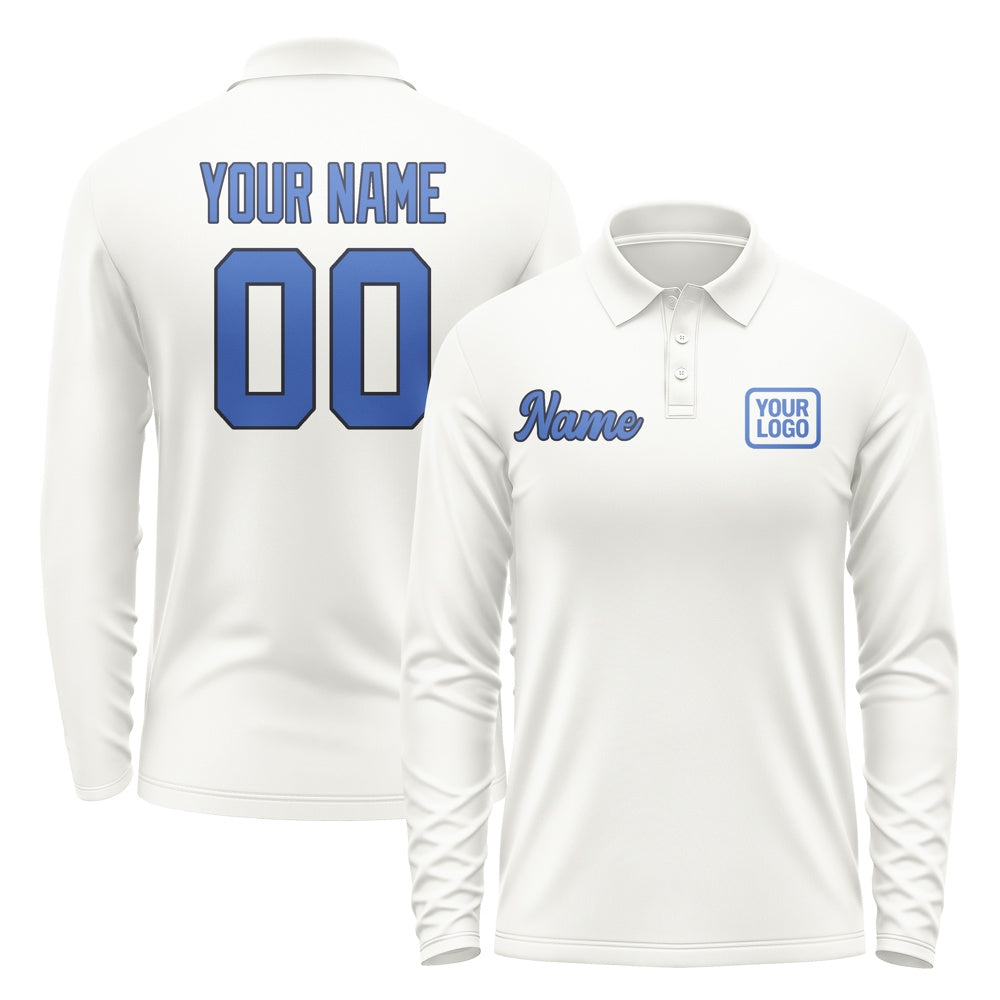 Custom White Sky Blue Long Sleeve Polo Shirt