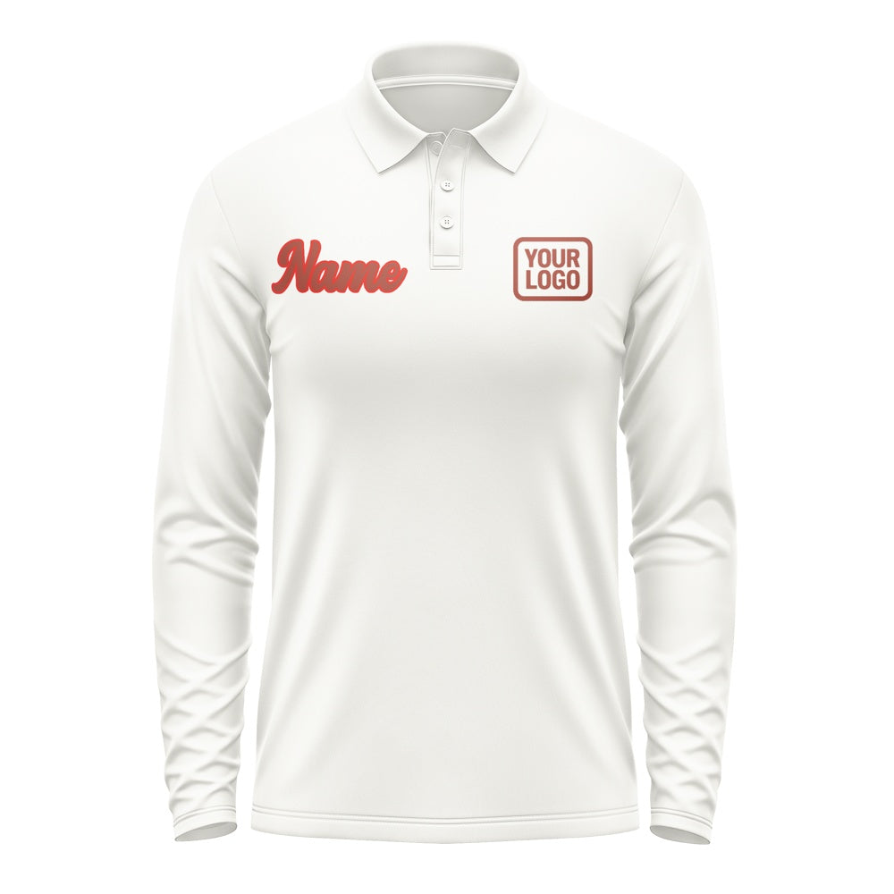 Custom White Coral Red Long Sleeve Polo Shirt