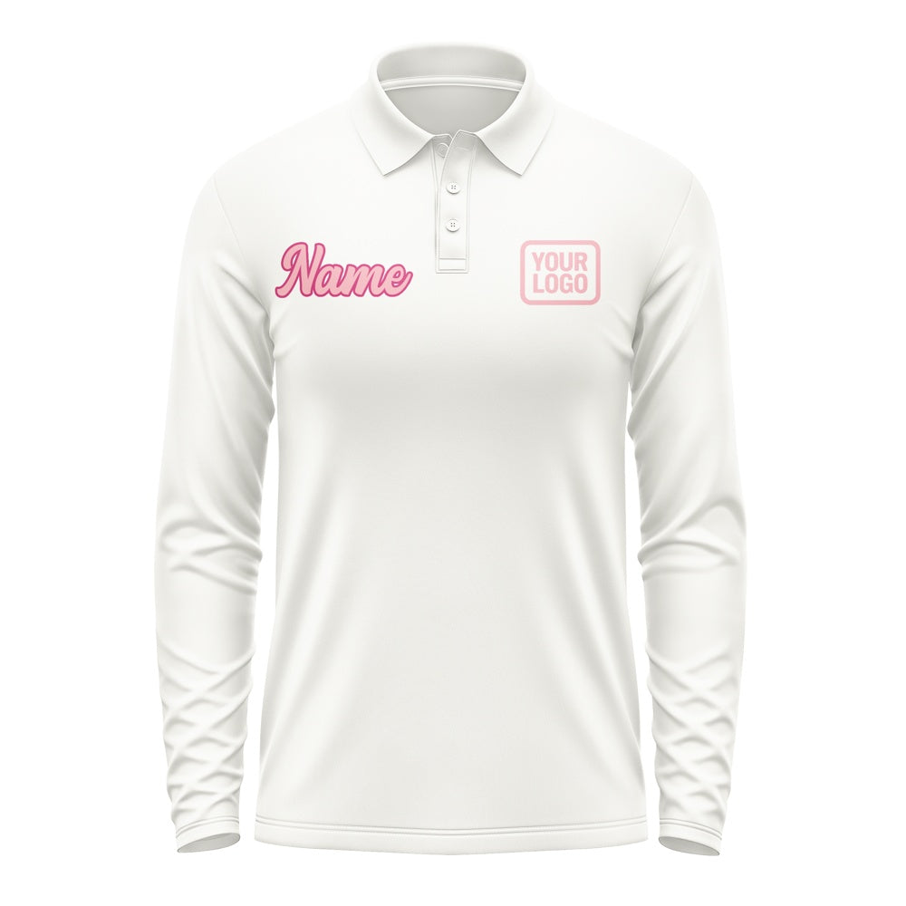 Custom White Light Pink Long Sleeve Polo Shirt