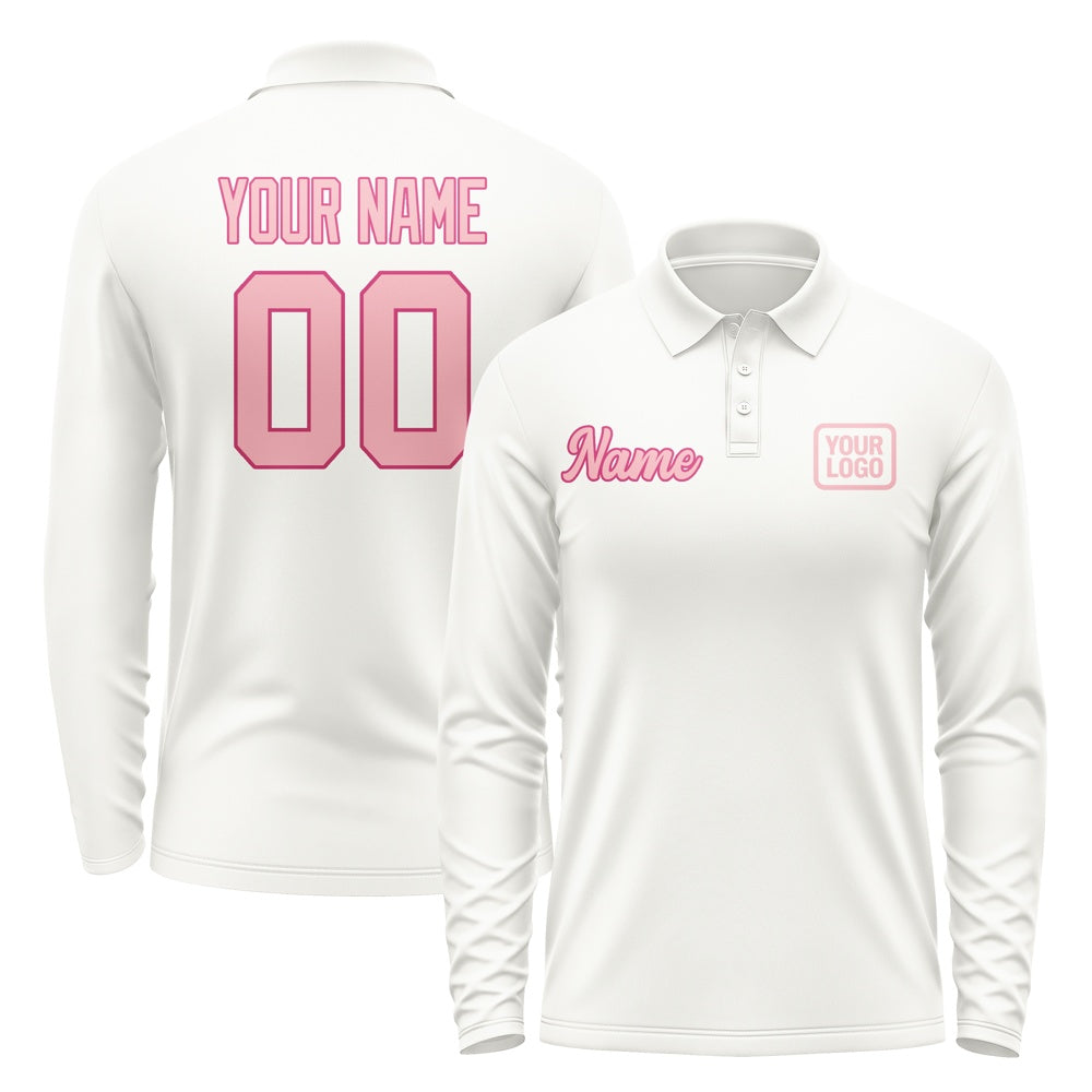 Custom White Light Pink Long Sleeve Polo Shirt