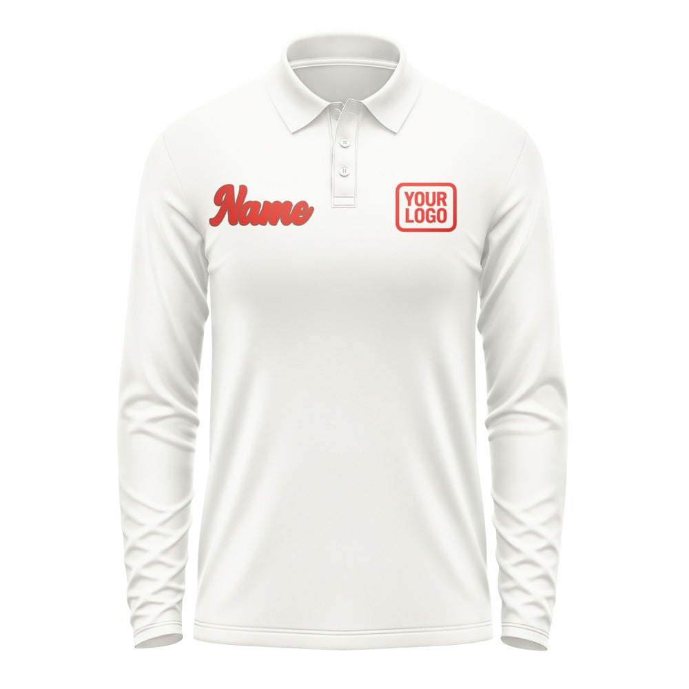 Custom White Orange Red Long Sleeve Polo Shirt
