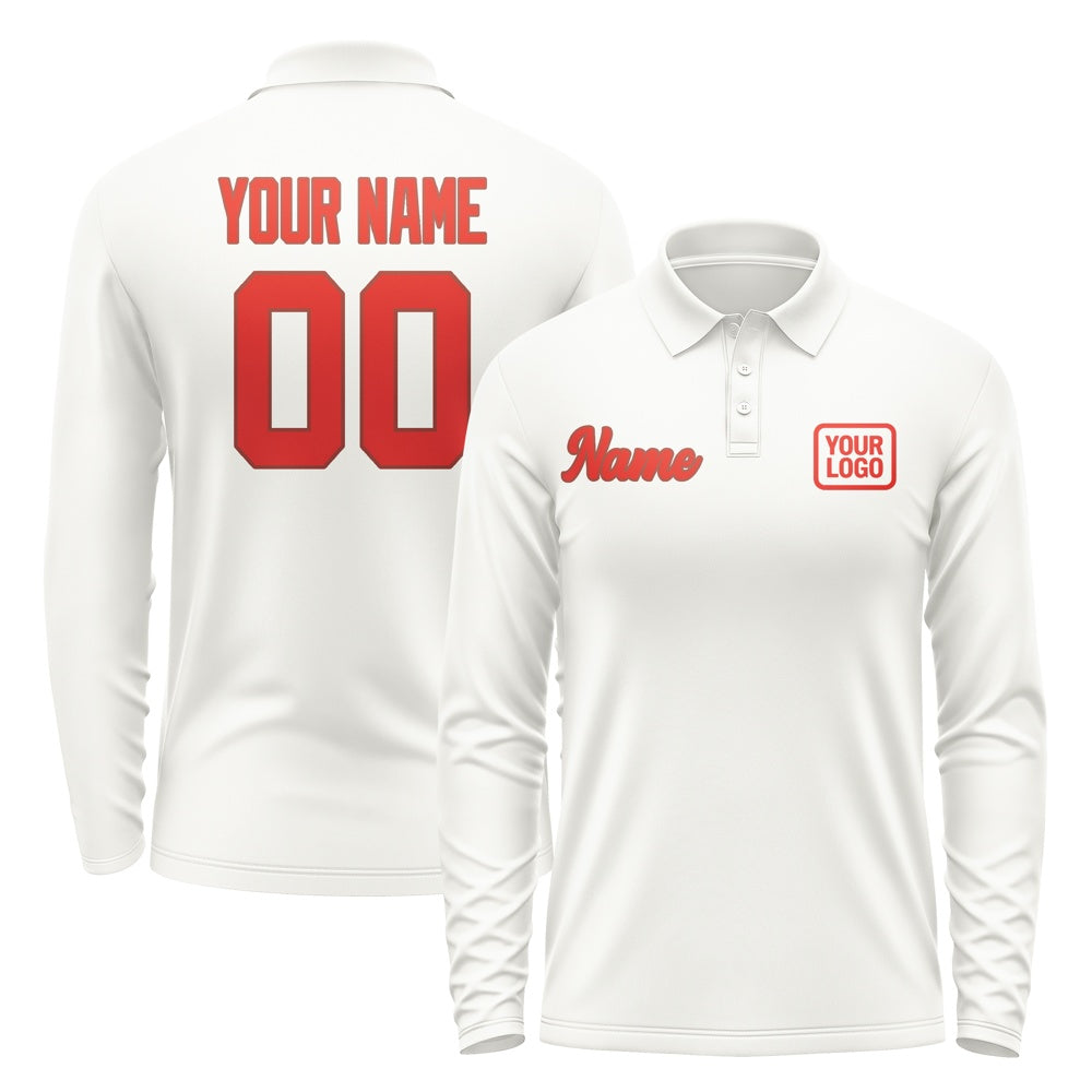 Custom White Orange Red Long Sleeve Polo Shirt