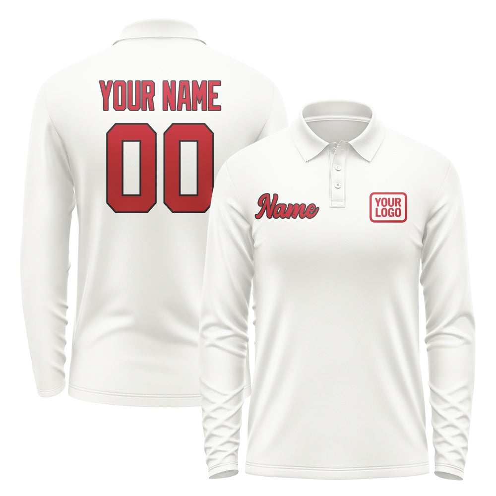 Custom White Red Long Sleeve Polo Shirt