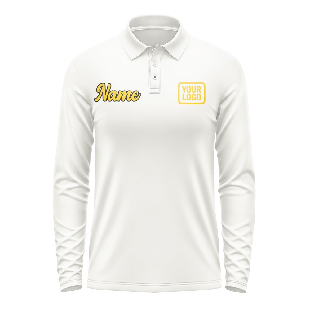 Custom White Gold Long Sleeve Polo Shirt