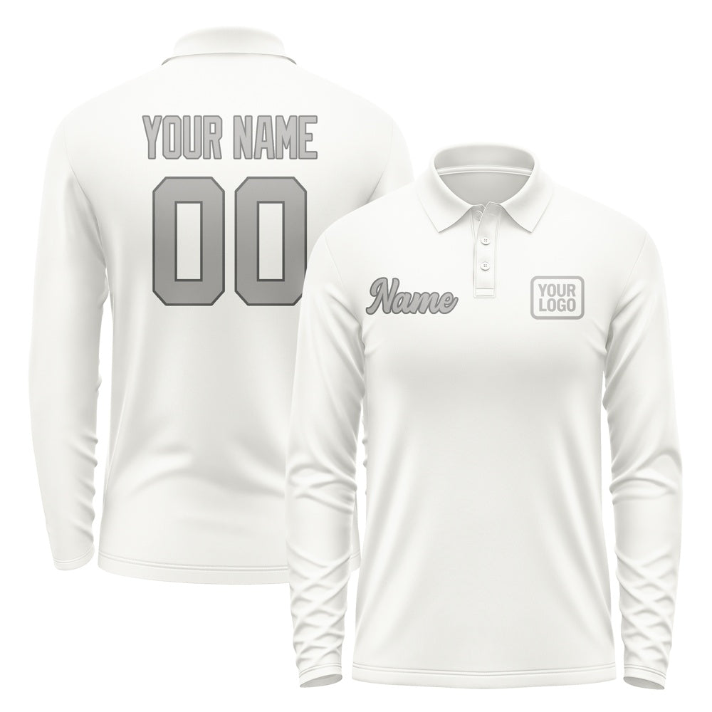 Custom White Gray Long Sleeve Polo Shirt