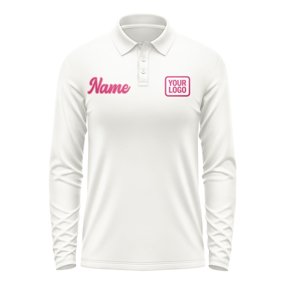 Custom White Pink Long Sleeve Polo Shirt