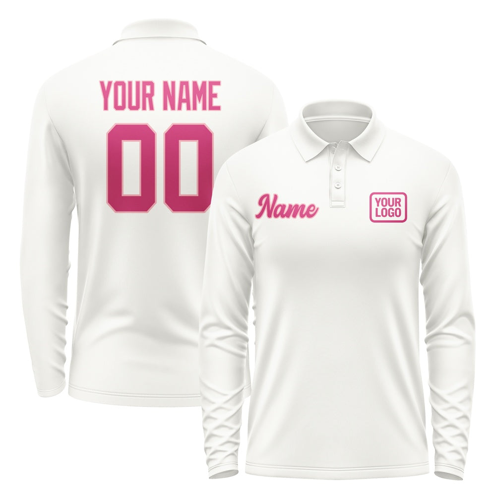 Custom White Pink Long Sleeve Polo Shirt