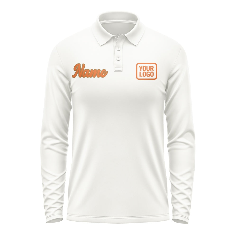 Custom White Orange Long Sleeve Polo Shirt