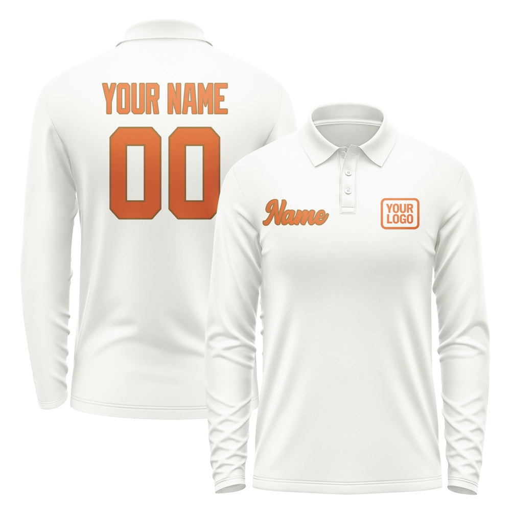 Custom White Orange Long Sleeve Polo Shirt