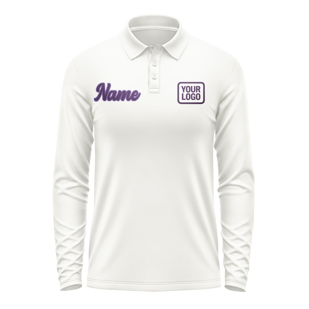 Custom White Purple Long Sleeve Polo Shirt