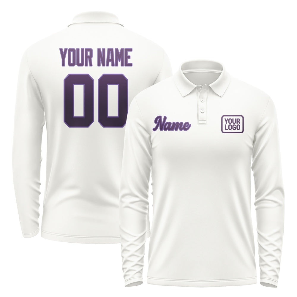 Custom White Purple Long Sleeve Polo Shirt