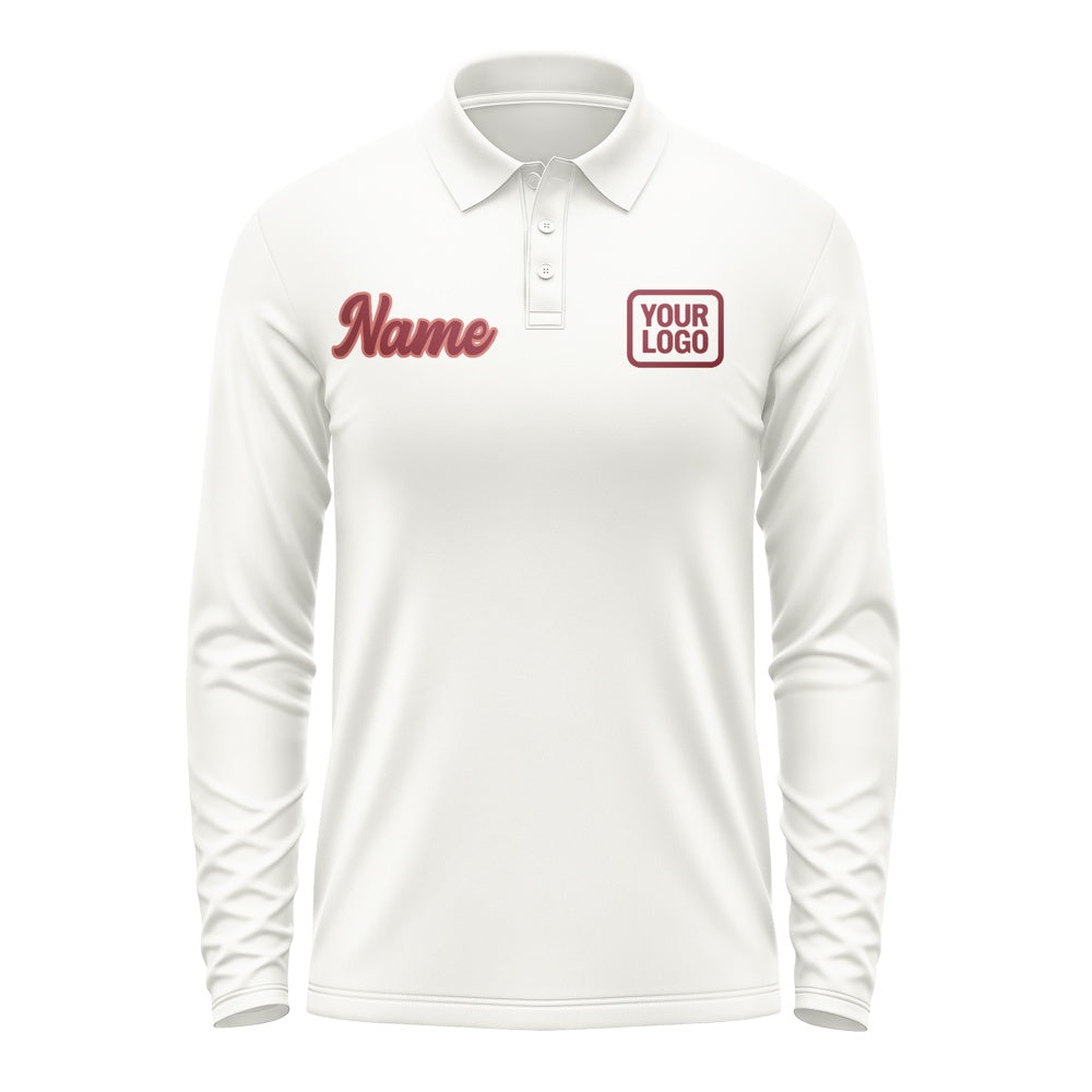 Custom White Crimson Red Long Sleeve Polo Shirt
