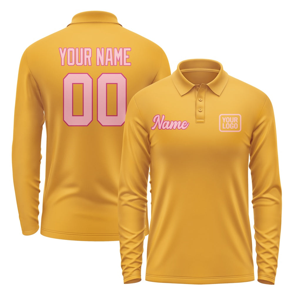 Custom Yellow Light Pink Long Sleeve Polo Shirt