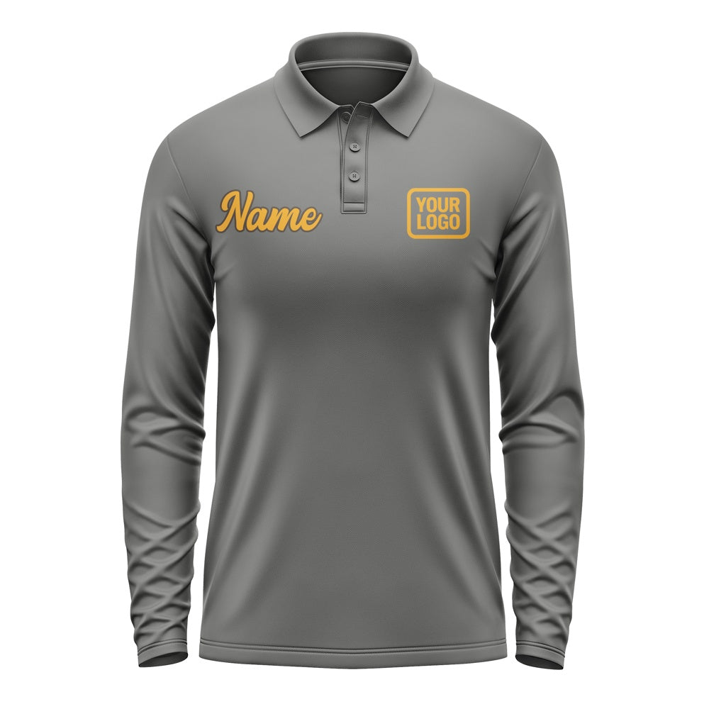 Custom Dark Grey Yellow Long Sleeve Polo Shirt
