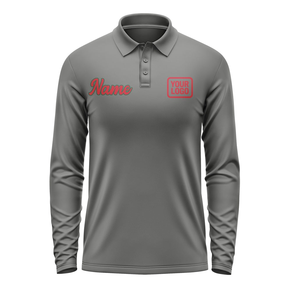 Custom Dark Grey Red Long Sleeve Polo Shirt