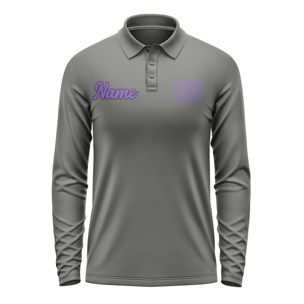 Custom Dark Grey Light Purple Long Sleeve Polo Shirt