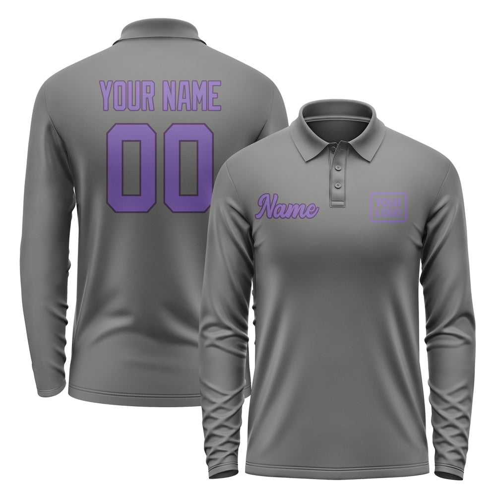 Custom Dark Grey Light Purple Long Sleeve Polo Shirt
